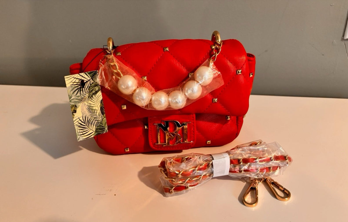 Badgley Mischka Red Quilted Studded Mini Crossbody Bag Pearl Handle NWT