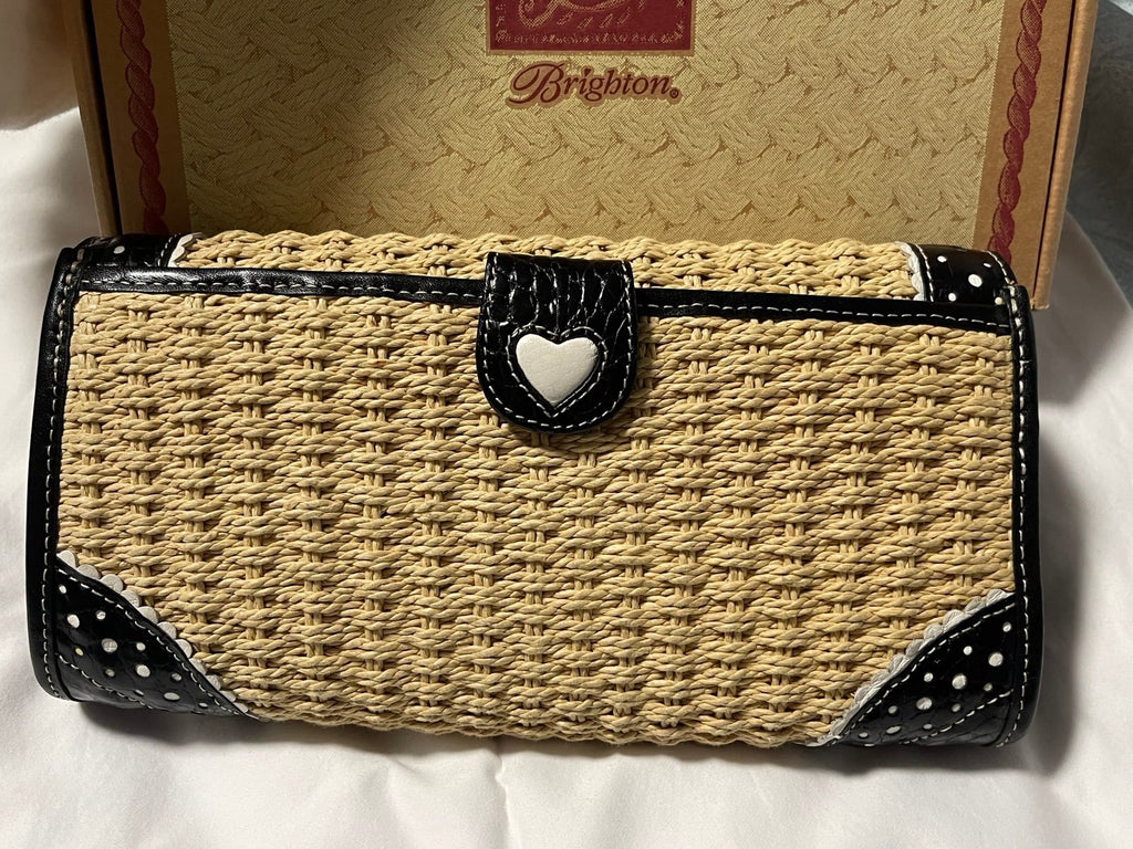 Brighton Straw Woven Heart Crossbody Clutch Bag Polka Dot Leather Trim w/ Box