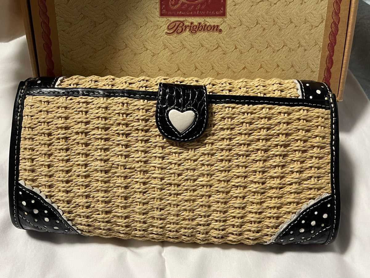 Brighton Straw Woven Heart Crossbody Clutch Bag Polka Dot Leather Trim w/ Box