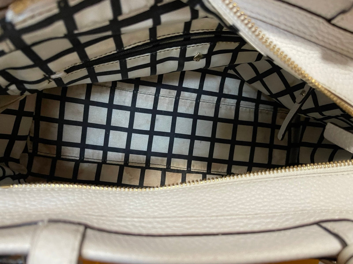Kate Spade Cream Pebbled Leather Satchel Tote Crossbody Bag Belt Detail