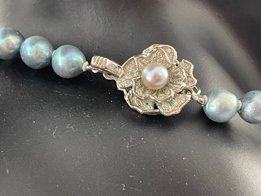 Vintage Light Blue Cultured Pearls with Sterling Silver Floral Clasp