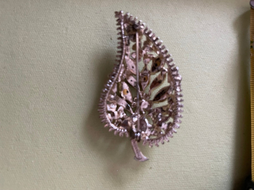 Vintage Florenza Iridescent Foiled Stone Leaf Brooch & Clip Earrings Set