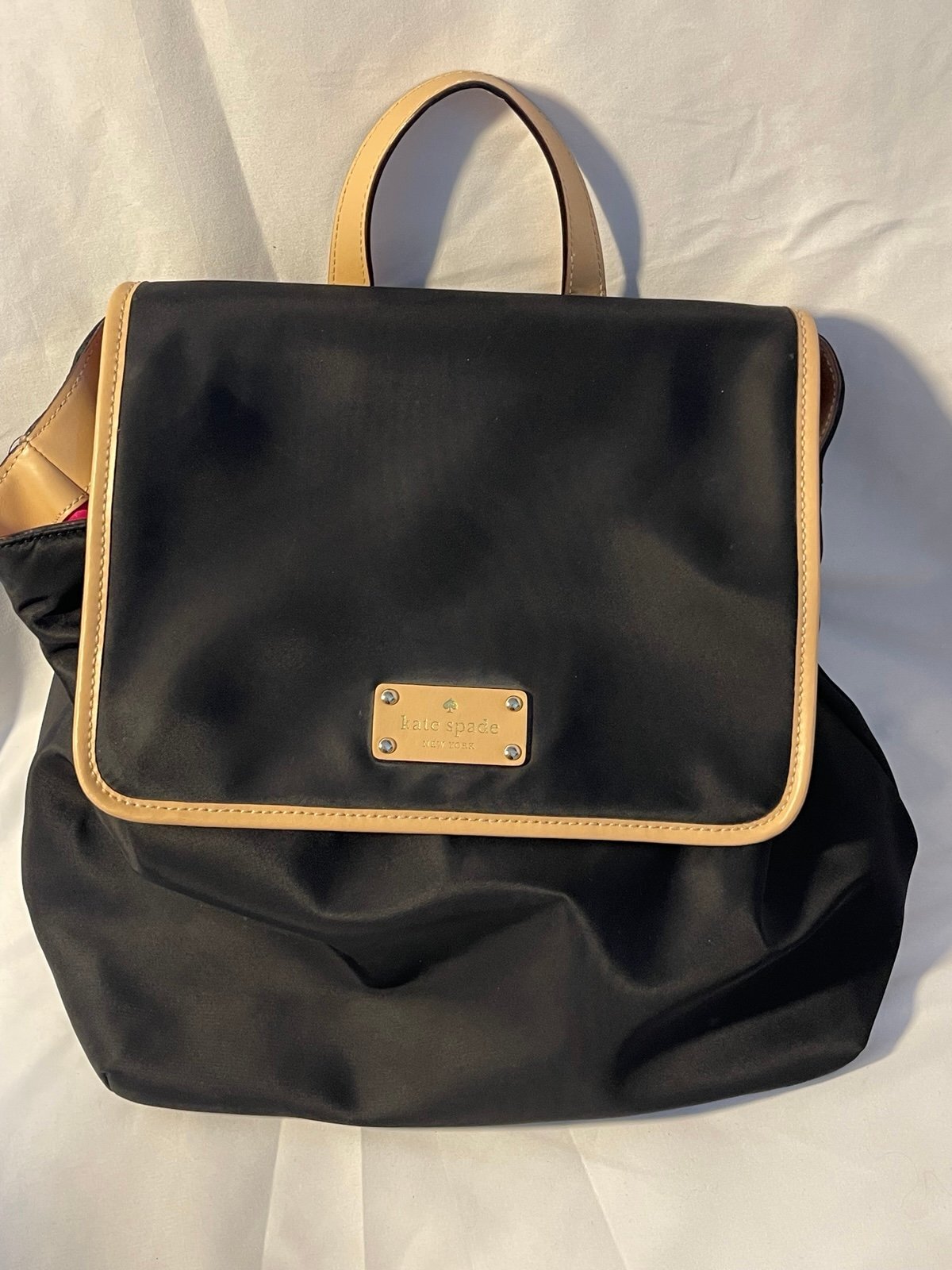 Kate Spade New York Black Nylon Backpack Tan Leather Trim Travel School Bag