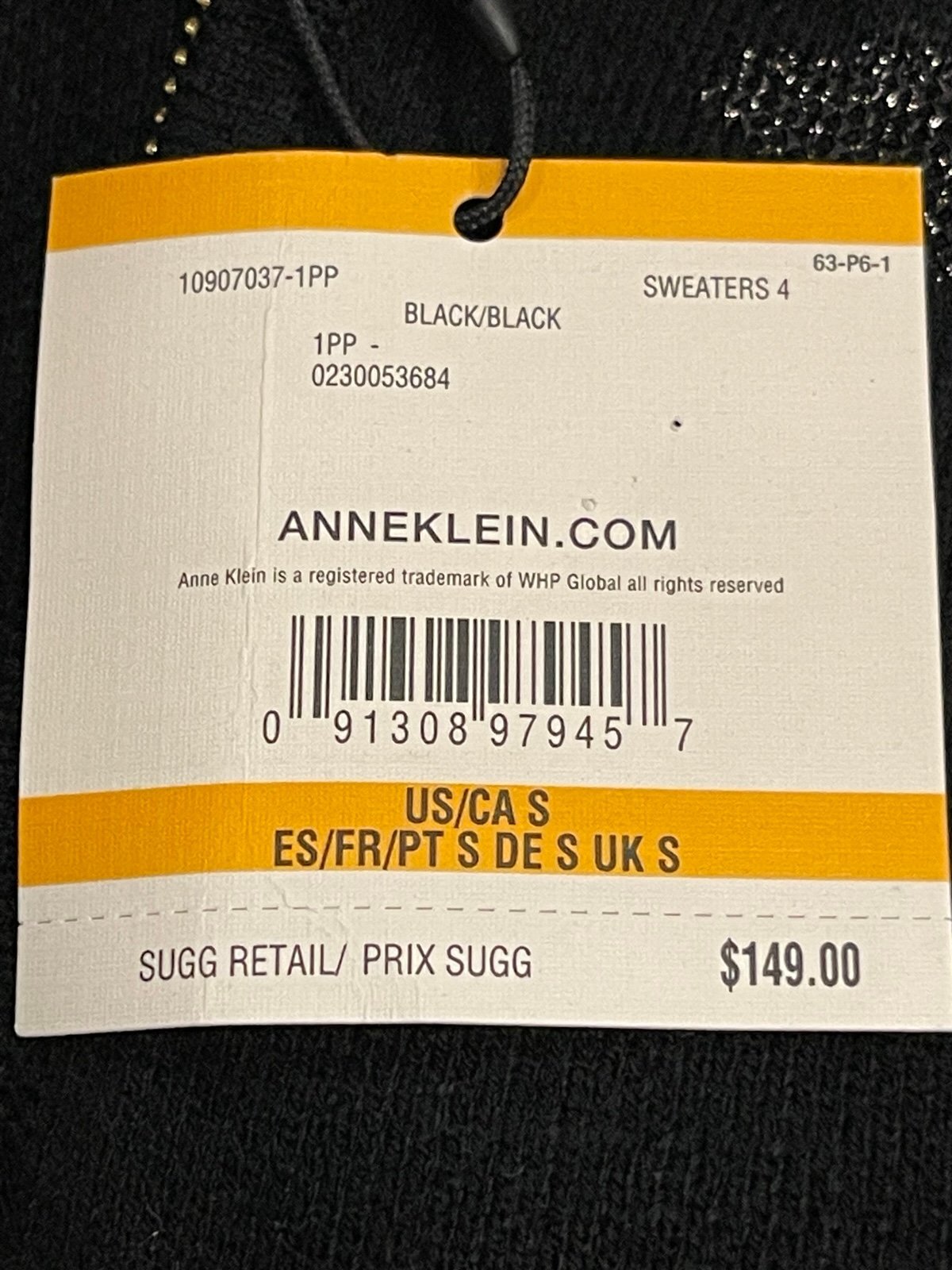 Anne Klein Black Zip-Front Shawl Sweater Jacket | Metallic Leaf Design | Size S