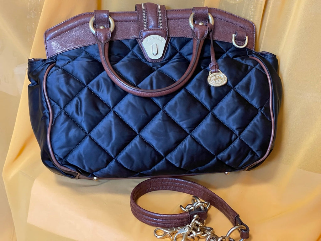Brahmin Quilted Nylon Satchel Black Brown Leather w/ Dust Bag