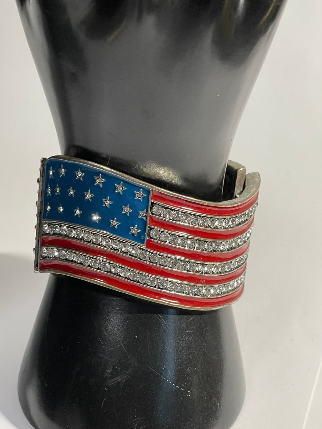 American Flag Gunmetal Tone Rhinestone & Enamel Hinge Cuff Bracelet