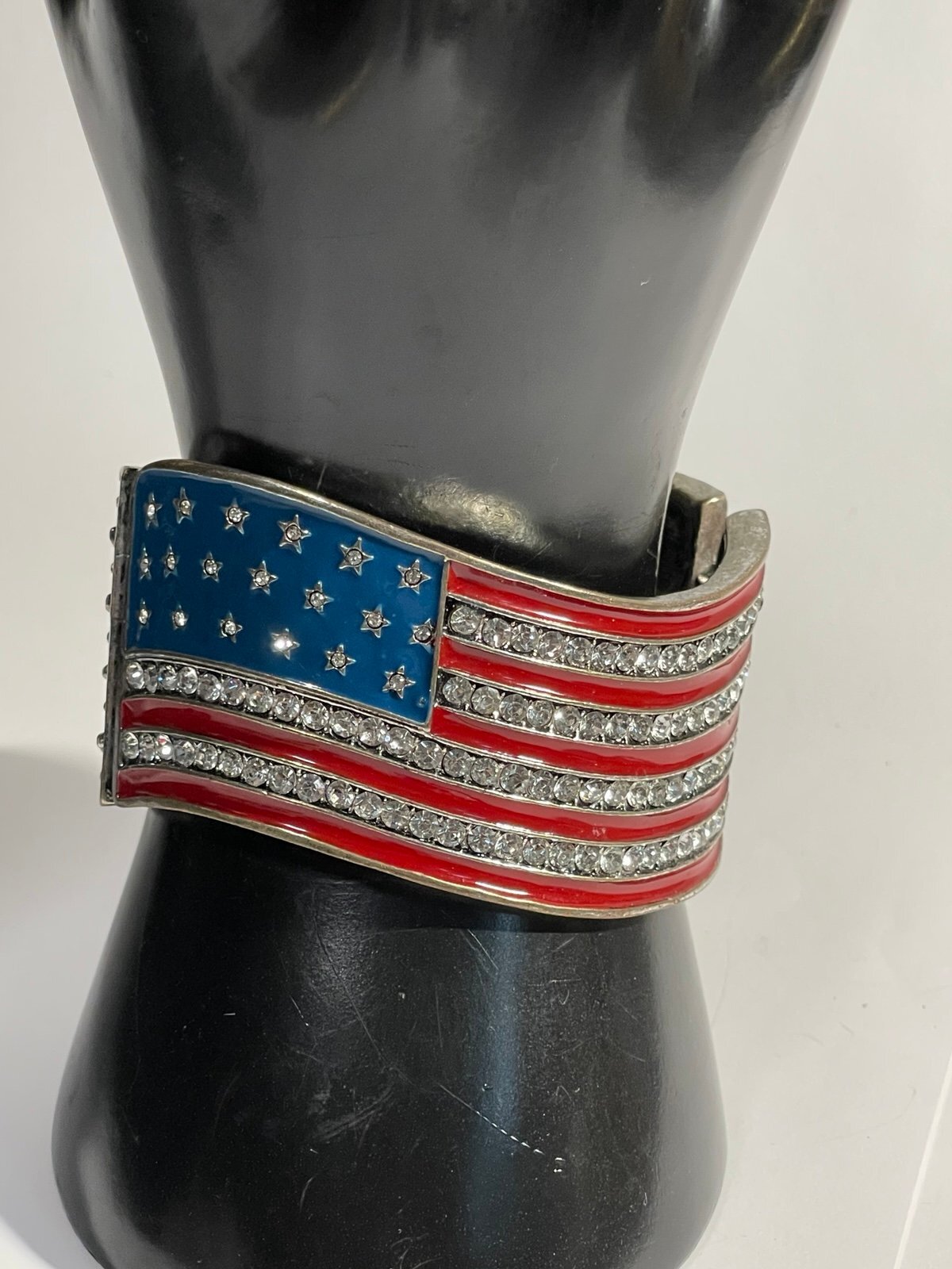 American Flag Gunmetal Tone Rhinestone & Enamel Hinge Cuff Bracelet