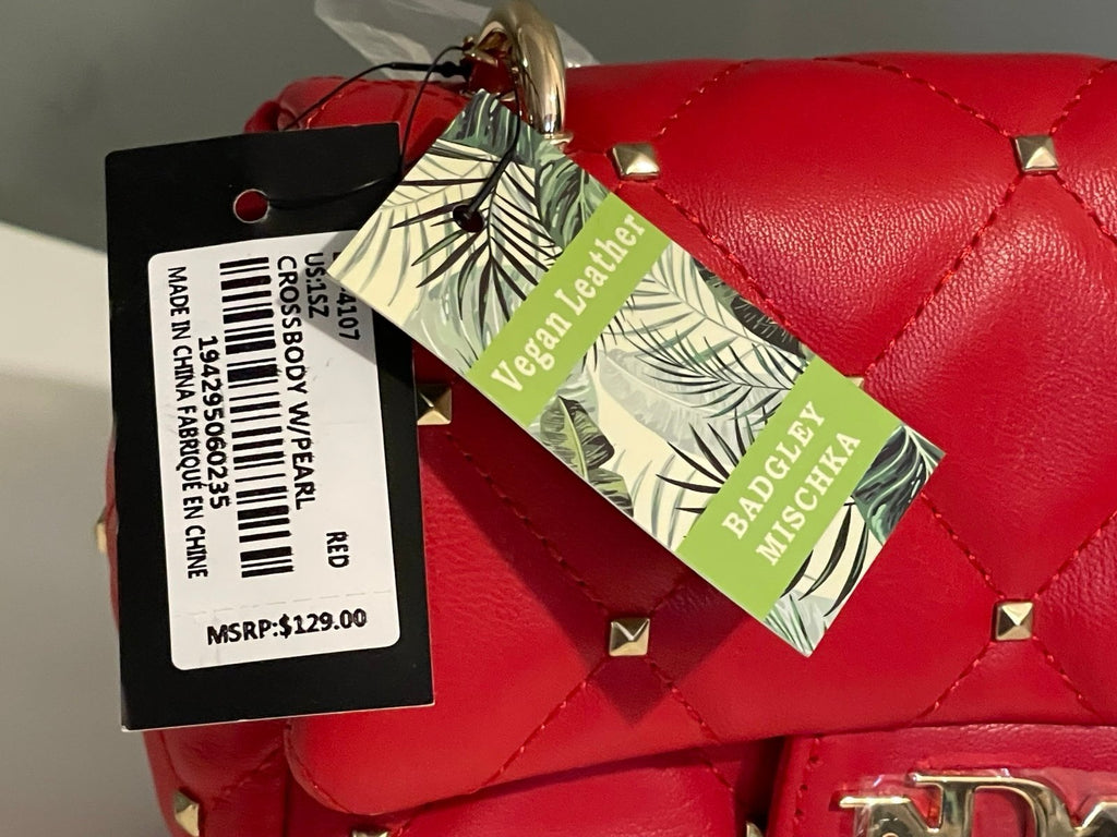 Badgley Mischka Red Quilted Studded Mini Crossbody Bag Pearl Handle NWT