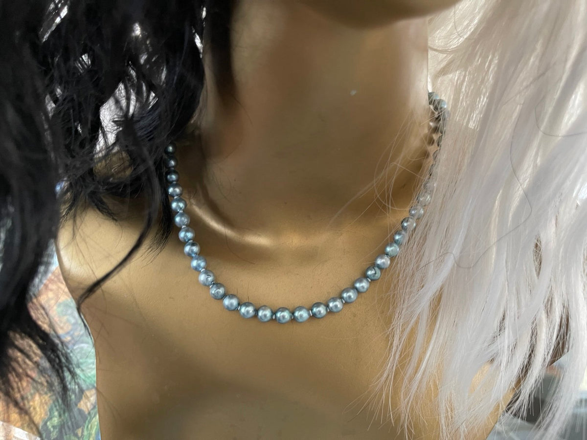 Vintage Light Blue Cultured Pearls with Sterling Silver Floral Clasp