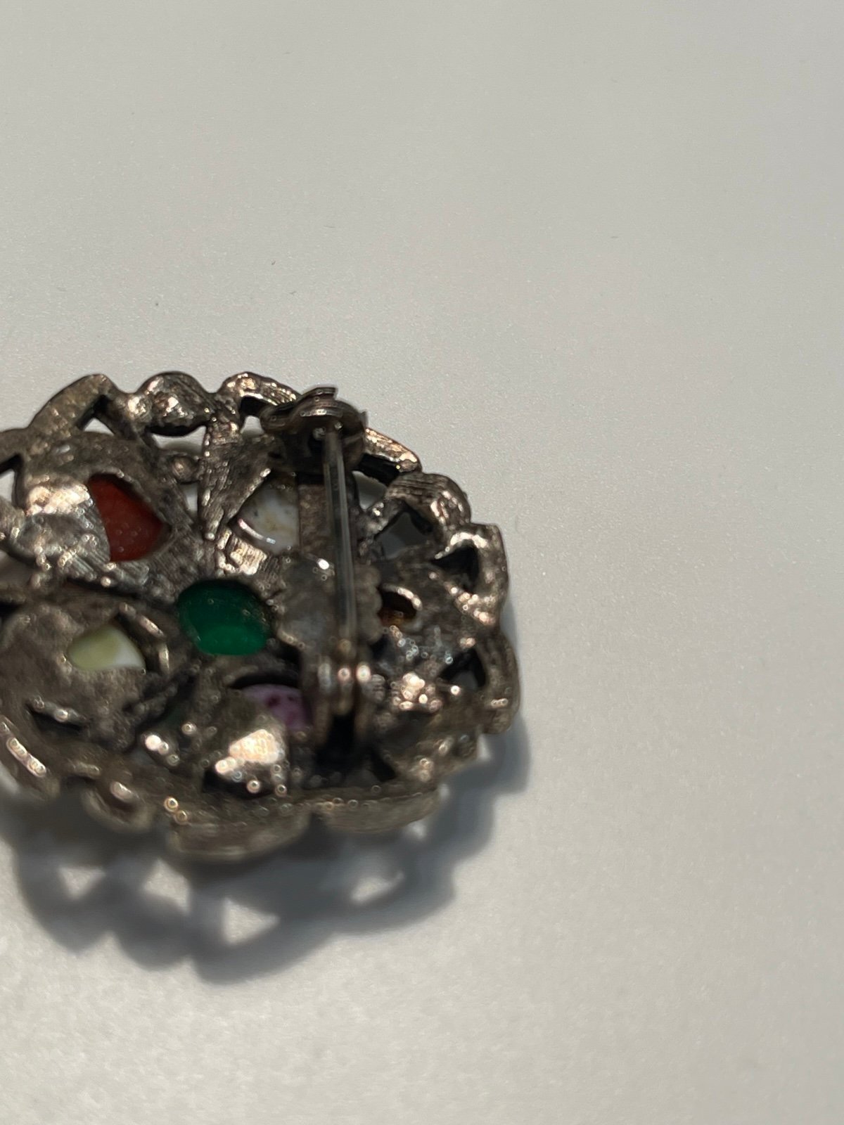 Vintage Celtic Silvertone Brooch w/Multi Colored Cabochon Stone