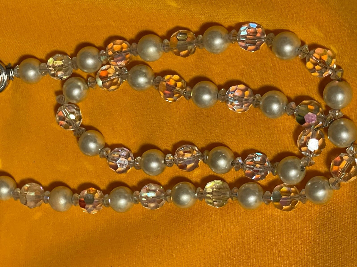 24″ Bergère Aurora Borealis Crystal & Faux Pearl Necklace