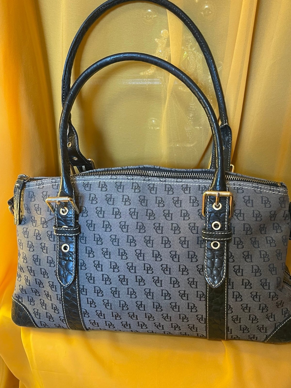 Dooney & Bourke Gray Black DB Monogram Satchel Shoulder Bag Zip Top