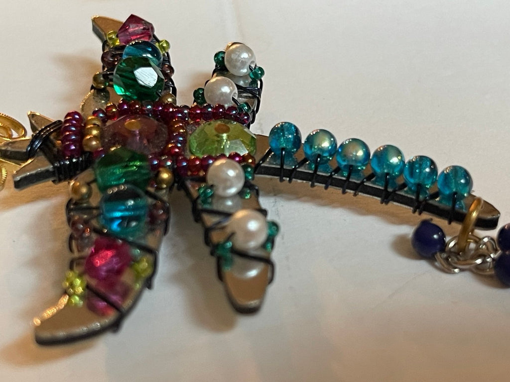 Liztech 1999 Dragonfly Brooch Pin Signed Handmade Wire Wrapped Beaded Artisan