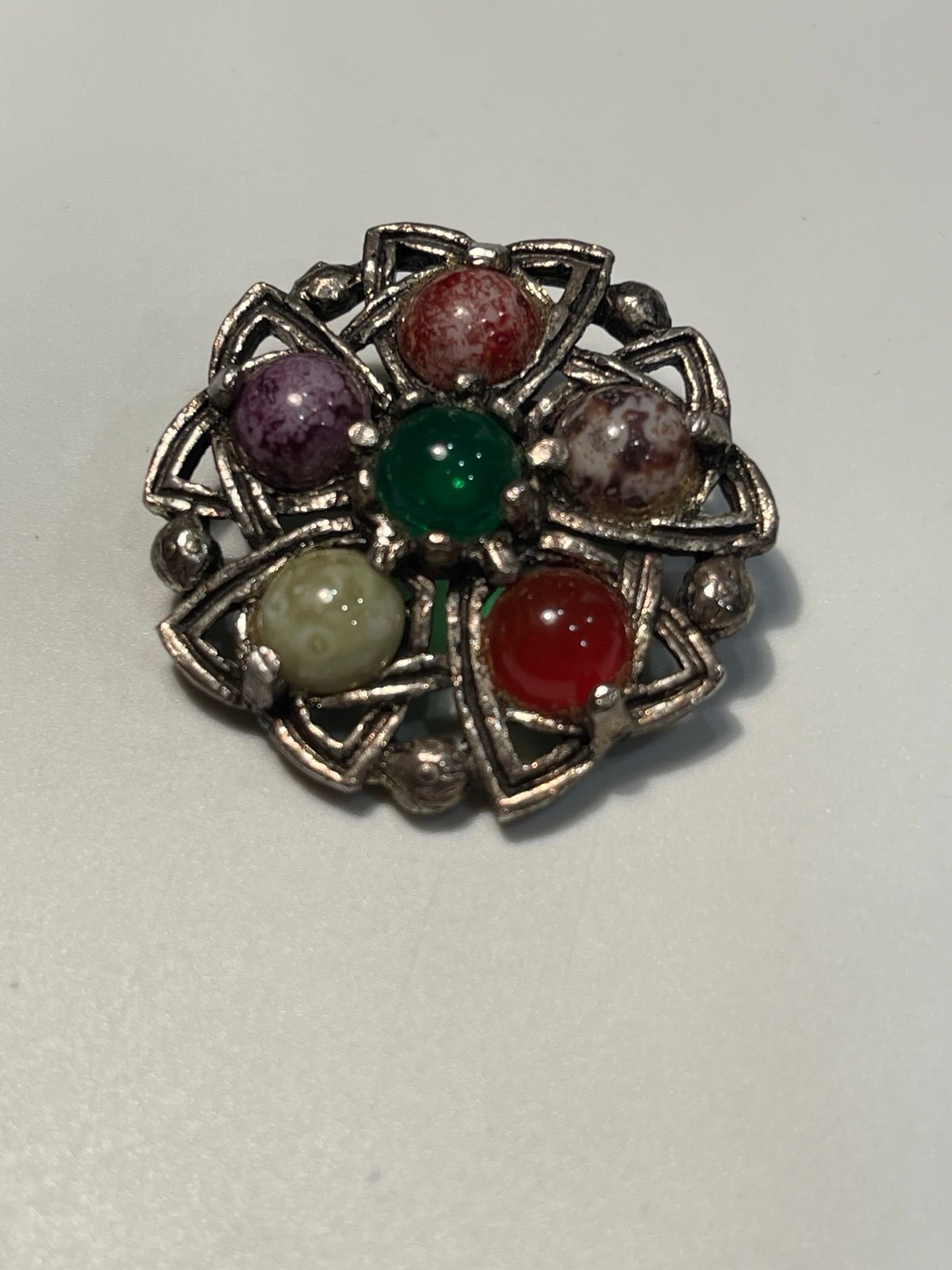 Vintage Celtic Silvertone Brooch w/Multi Colored Cabochon Stone