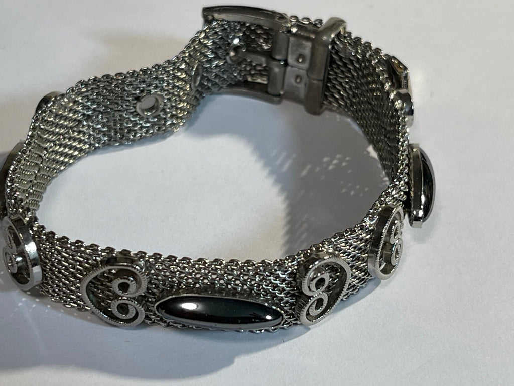 Mesh Silvertone Bracelet w/Hematite Cabochon & Filigree Heart Accent