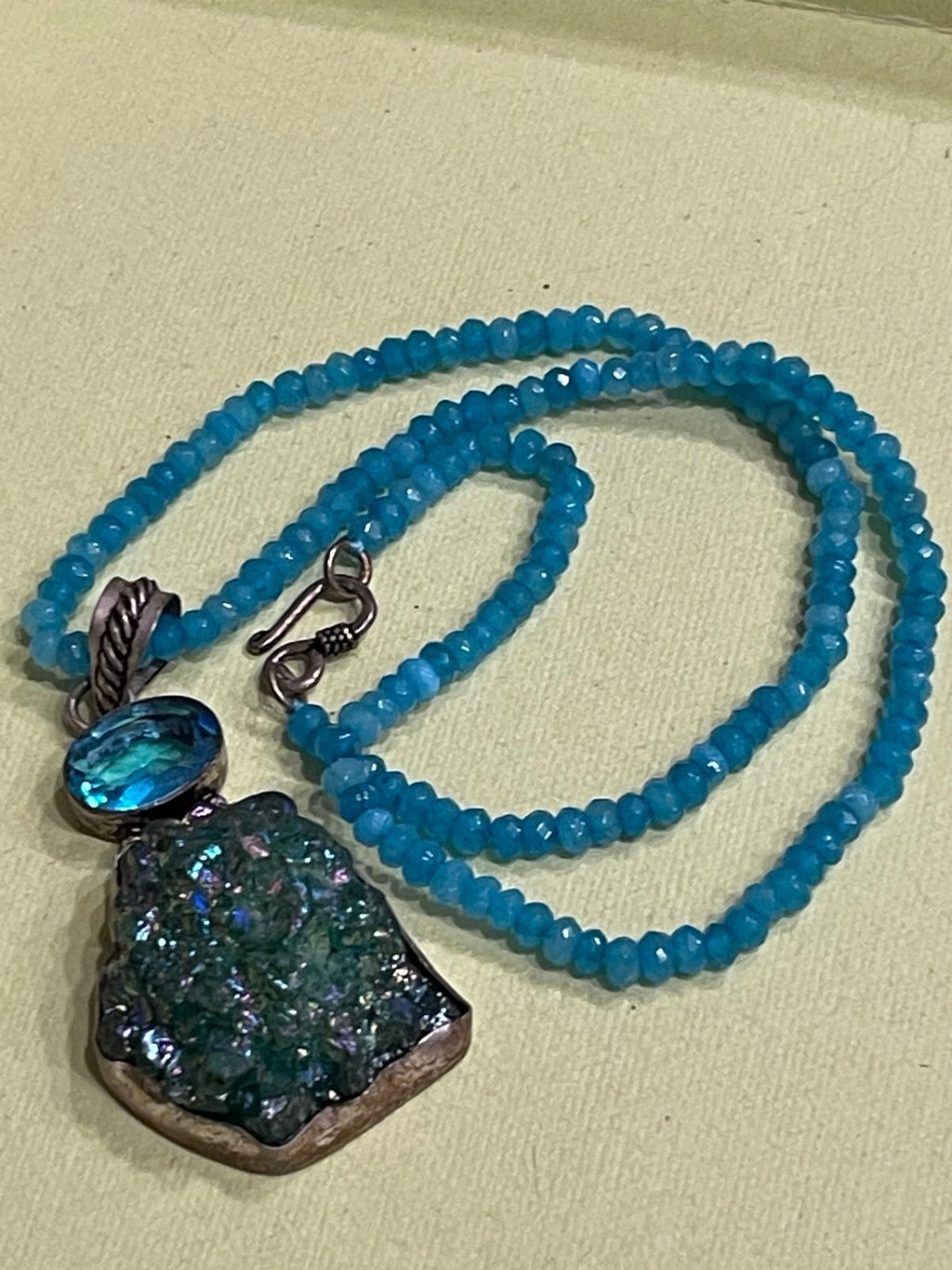 Apatite Bead Necklace w/ Blue Topaz & Titanium Druzy Pendant – 925 Sterling – 18