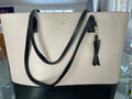 Kate Spade New York Leather Tote Cream Black Colorblock  Bow Charm Shoulder Bag