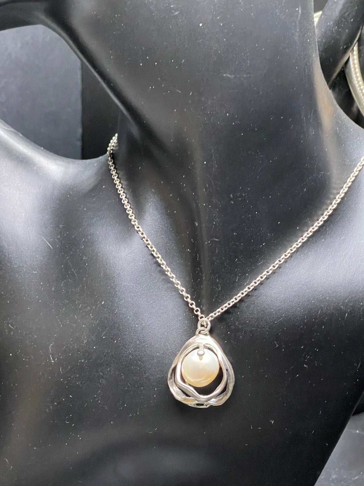 Vintage Israeli Sterling Silver Pearl Pendant Necklace – 925 Israel – Modernist