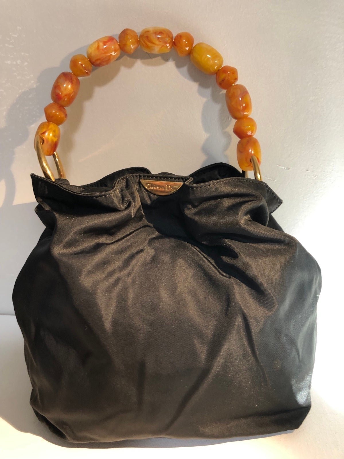 Christian Dior Black Handbag with Amber Beaded Handle