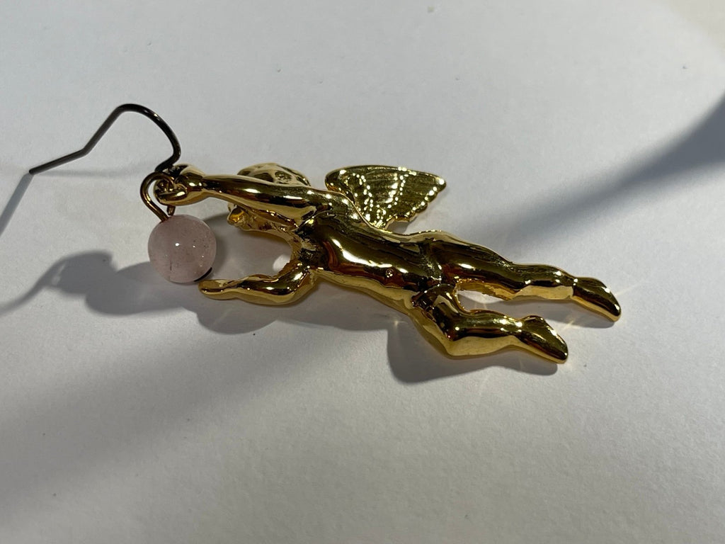 Lee Sands Goldtone Cherub Dangle Earrings with Rose Quartz Orb