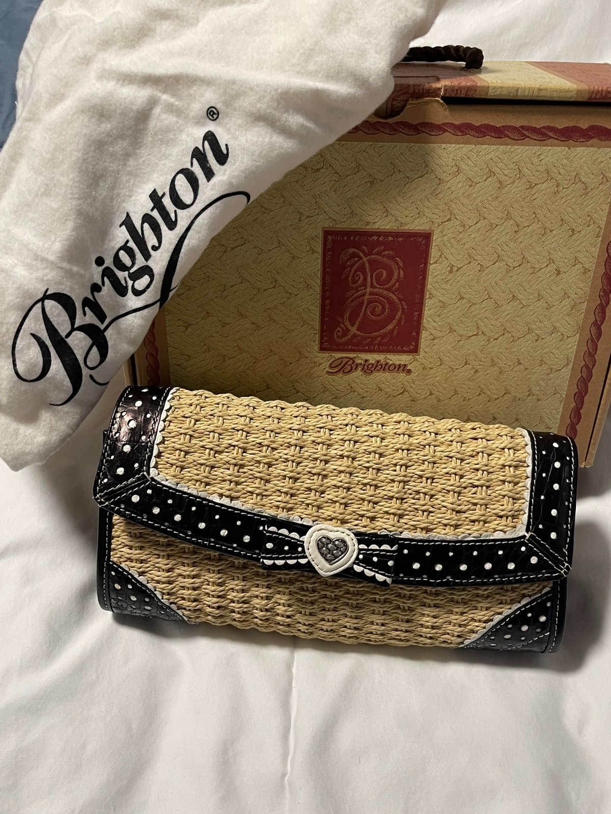 Brighton Straw Woven Heart Crossbody Clutch Bag Polka Dot Leather Trim w/ Box