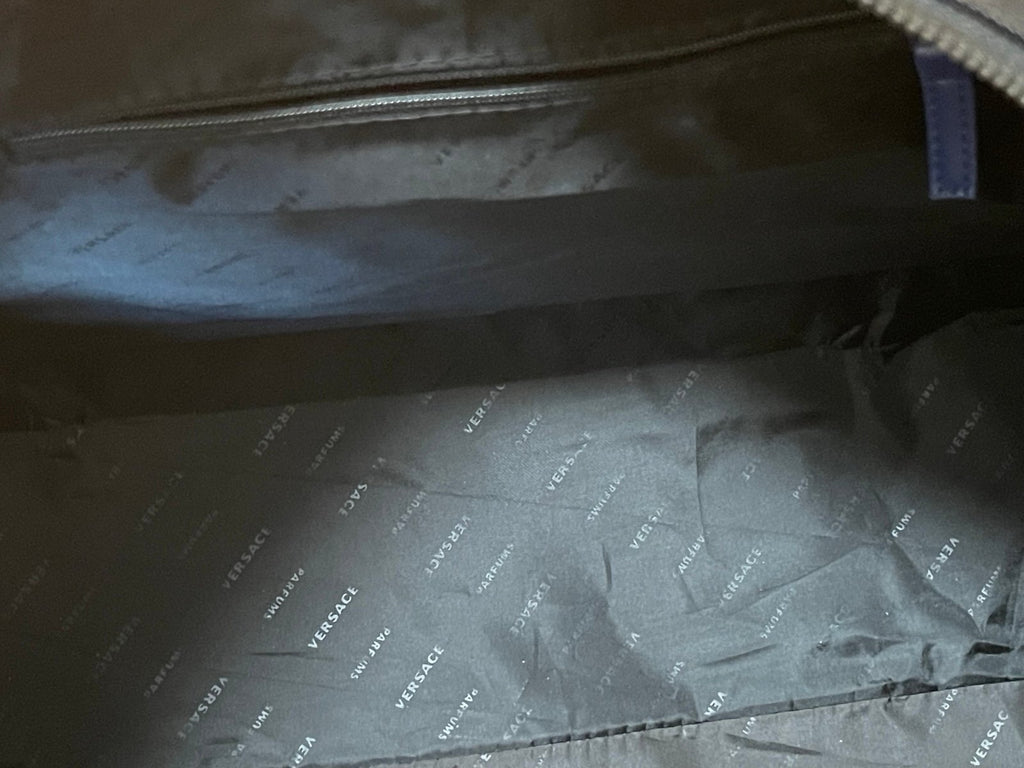 Versace Parfums Black Nylon Duffle Bag Weekender Travel Bag Greek Key Strap