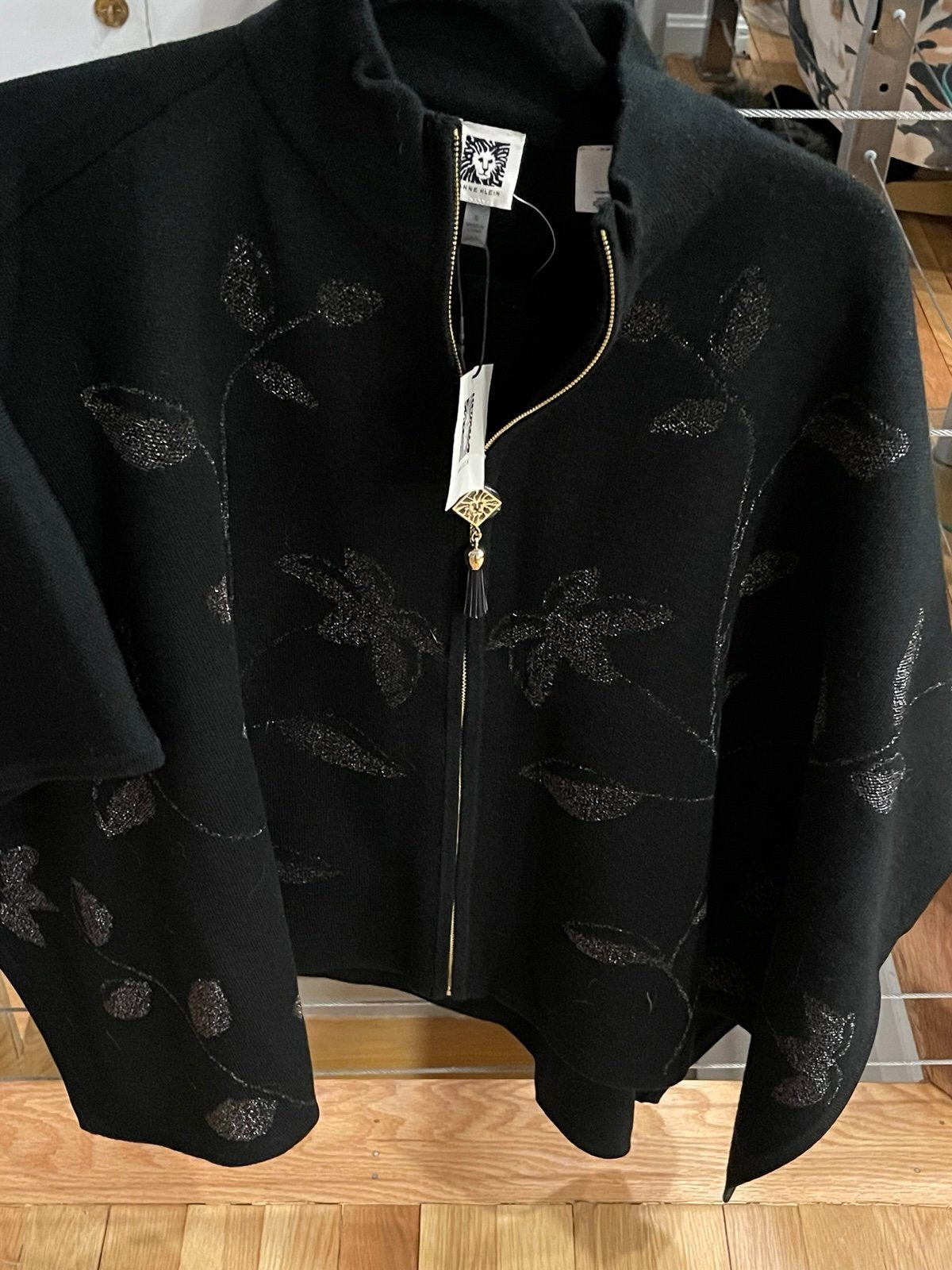 Anne Klein Black Zip-Front Shawl Sweater Jacket | Metallic Leaf Design | Size S