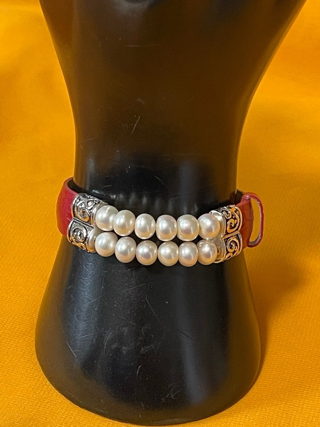 Fabulous Pearl and Sterling on Red Leather Buckle  Bracelet