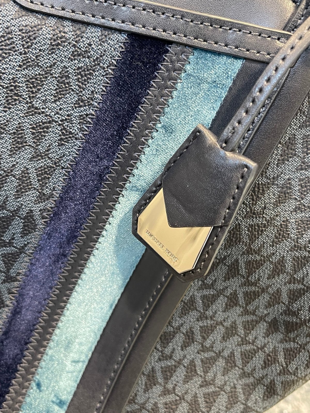 Michael Kors Large MK Monogram Tote Bag Blue Stripe Shoulder Bag