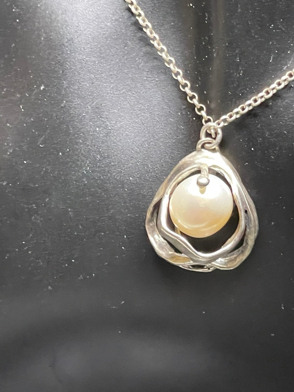 Vintage Israeli Sterling Silver Pearl Pendant Necklace – 925 Israel – Modernist