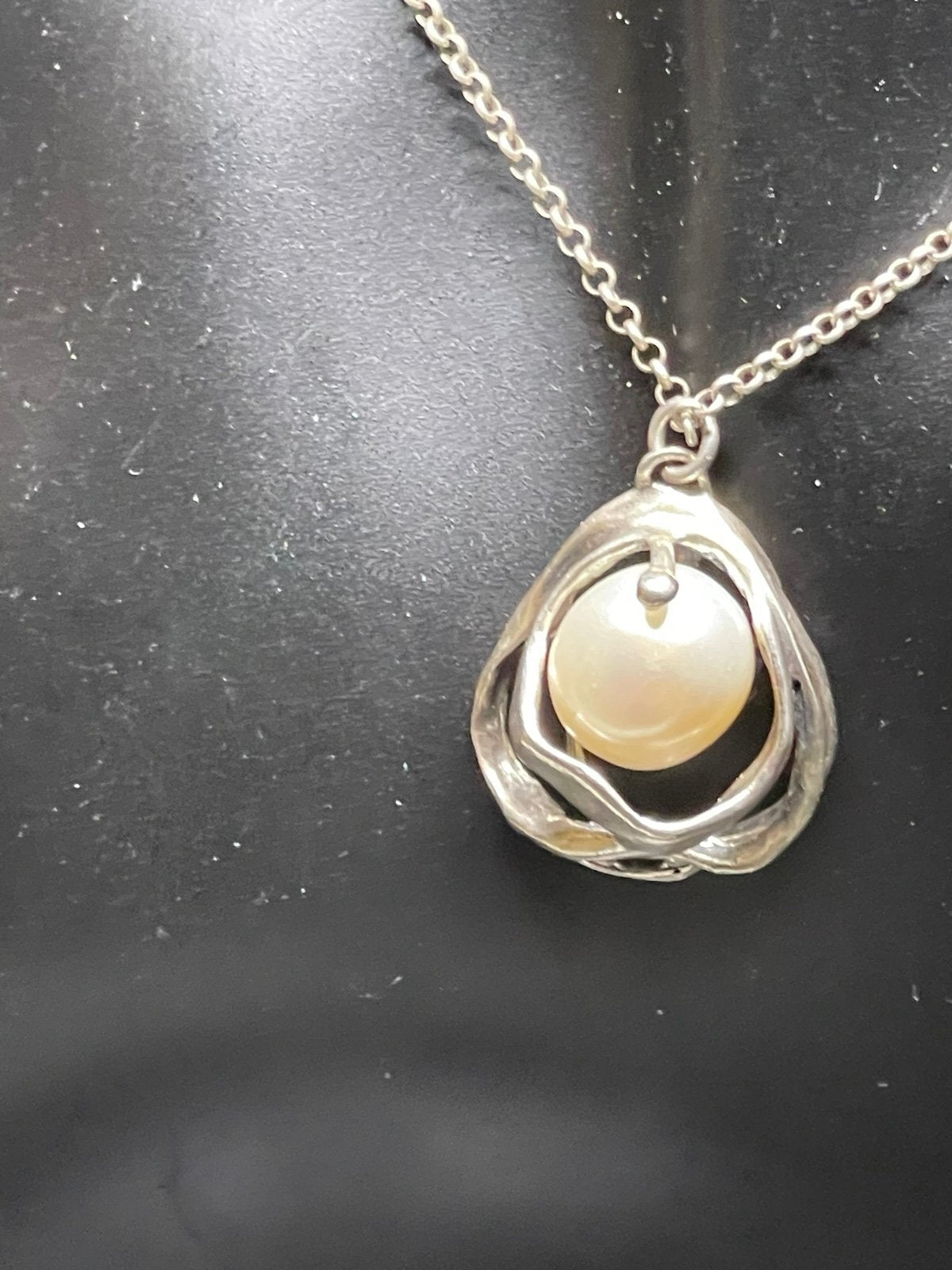 Vintage Israeli Sterling Silver Pearl Pendant Necklace – 925 Israel – Modernist