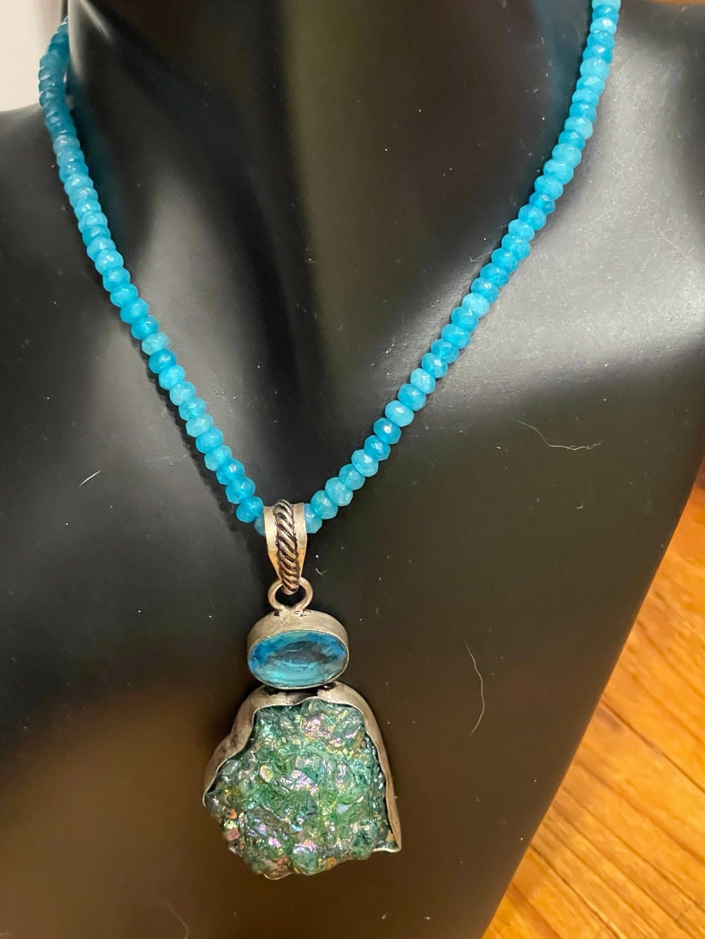 Apatite Bead Necklace w/ Blue Topaz & Titanium Druzy Pendant – 925 Sterling – 18