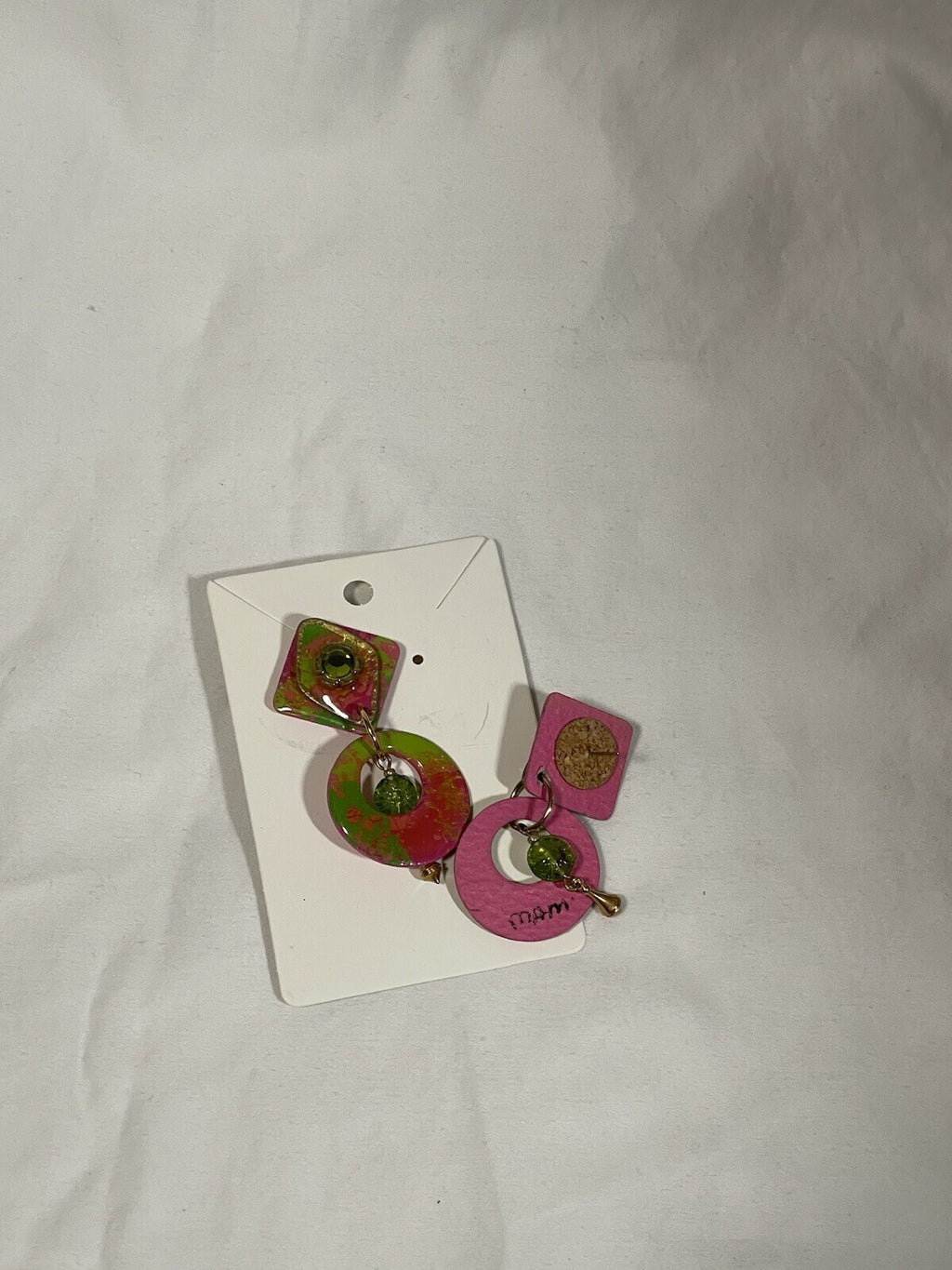 Vintage MAM’ Signed Pink Green Artisan Dangle Earrings
