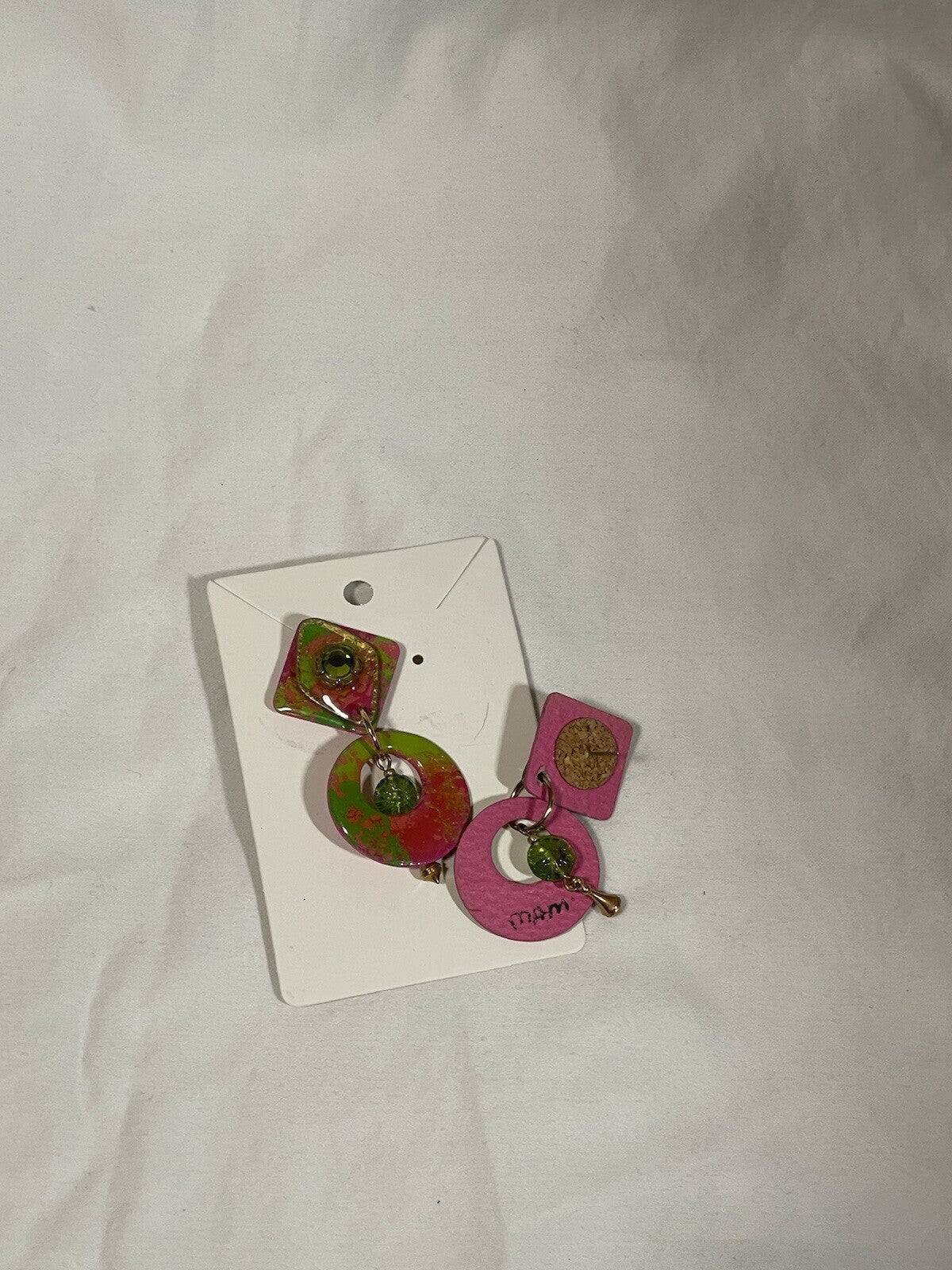 Vintage MAM’ Signed Pink Green Artisan Dangle Earrings
