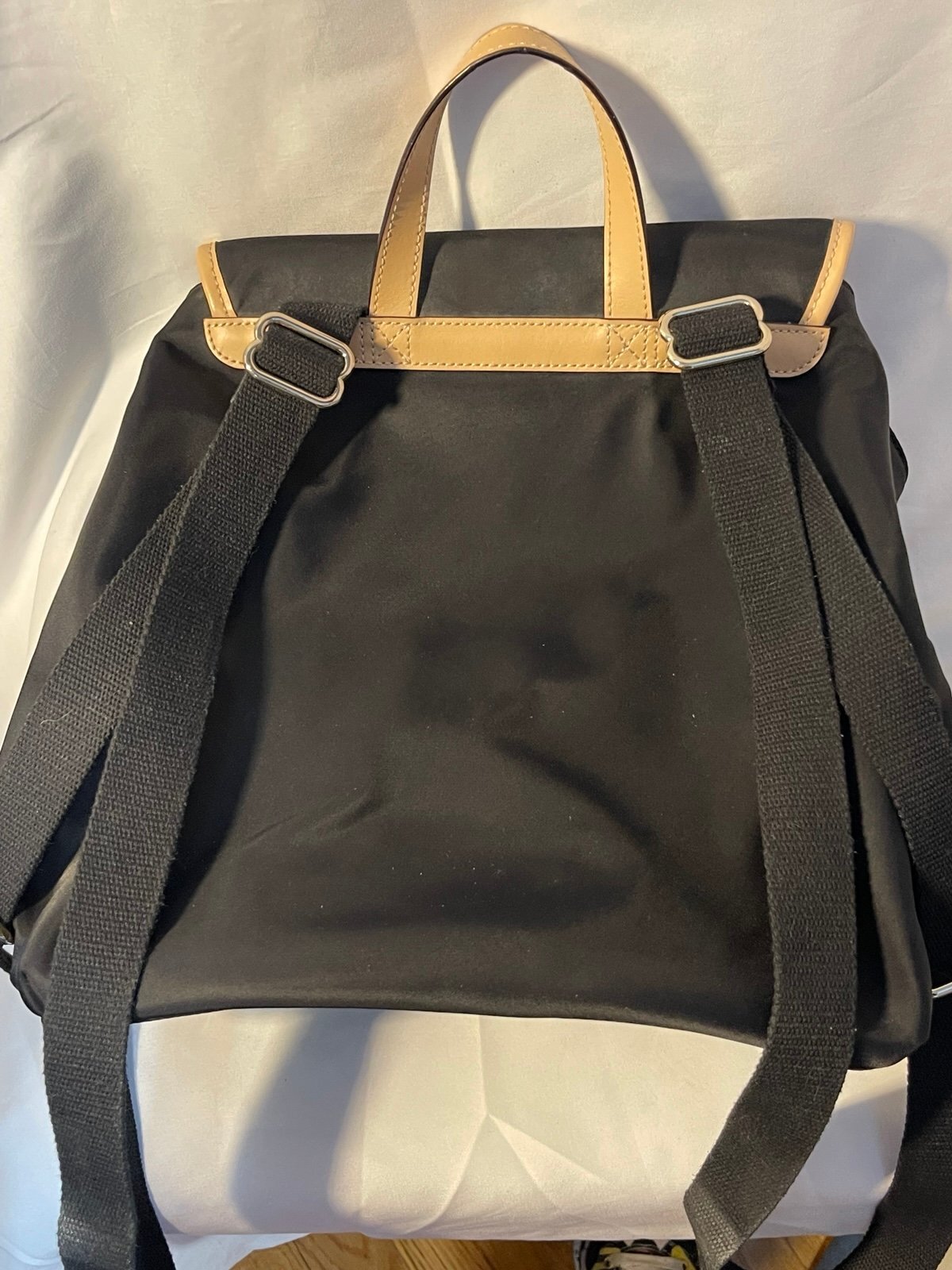 Kate Spade New York Black Nylon Backpack Tan Leather Trim Travel School Bag