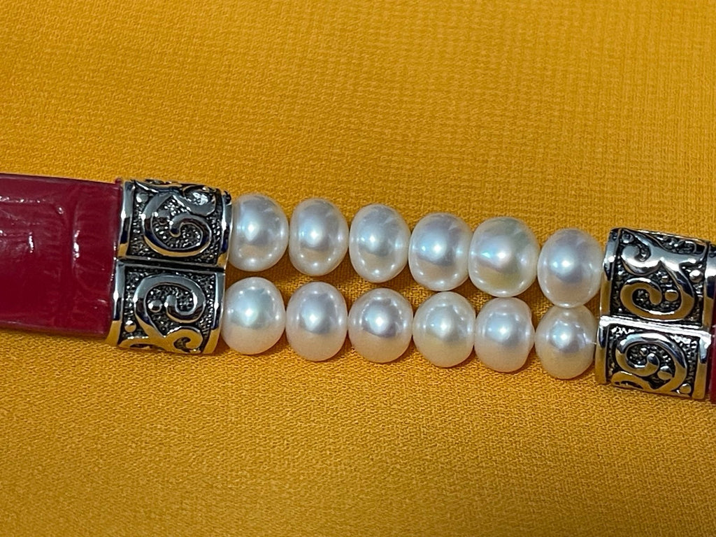 Fabulous Pearl and Sterling on Red Leather Buckle  Bracelet