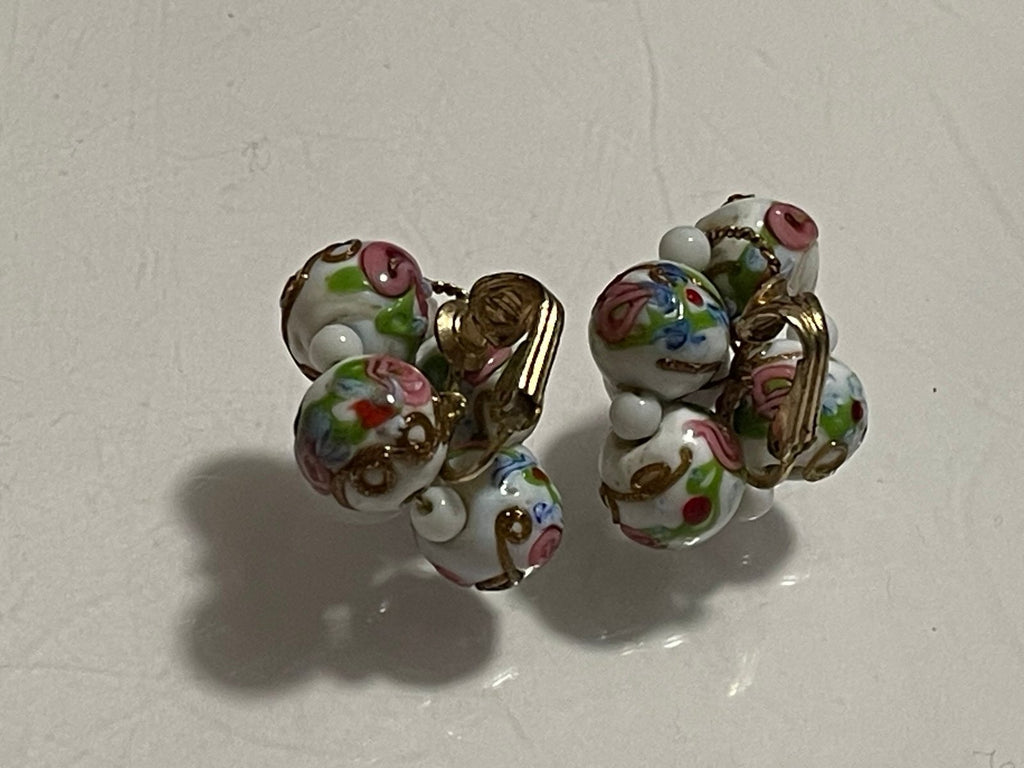 Vintage Hand-Blown Lampwork Italian Wedding Bead Cluster Clip-On Earrings