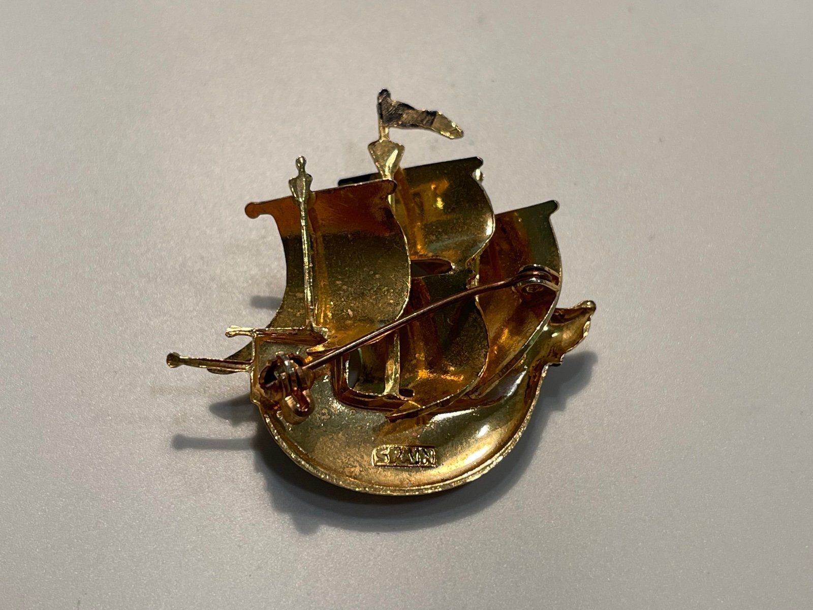 Vintage Damascene Spain Sailing Ship Brooch/Pin