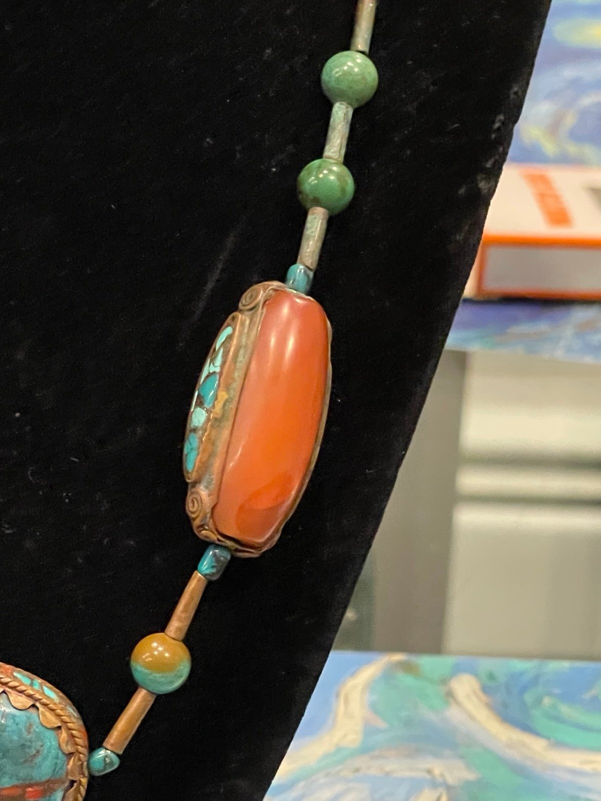 Vintage 60s/70s Brass Coral & Turquoise Scarab 20in Necklace