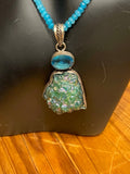 Apatite Bead Necklace w/ Blue Topaz & Titanium Druzy Pendant – 925 Sterling – 18