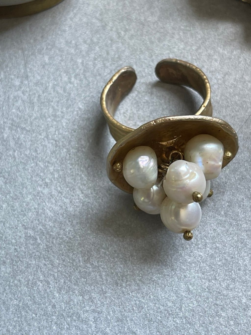 Vintage Gold-Toned Hand-Crafted Authentic Baroque Pearl Adjustable Cocktail Ring