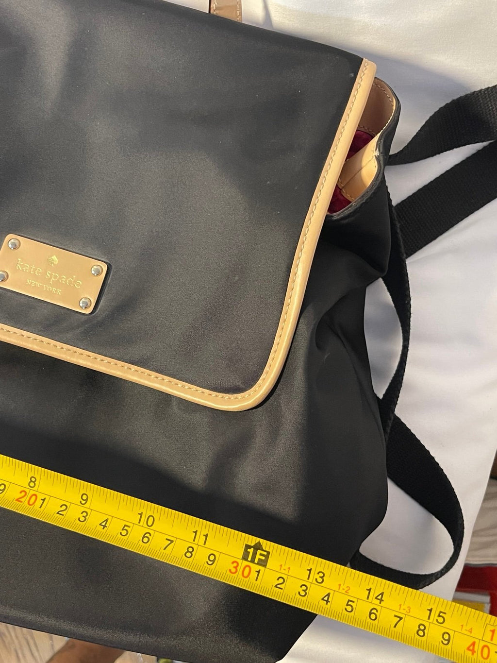 Kate Spade New York Black Nylon Backpack Tan Leather Trim Travel School Bag