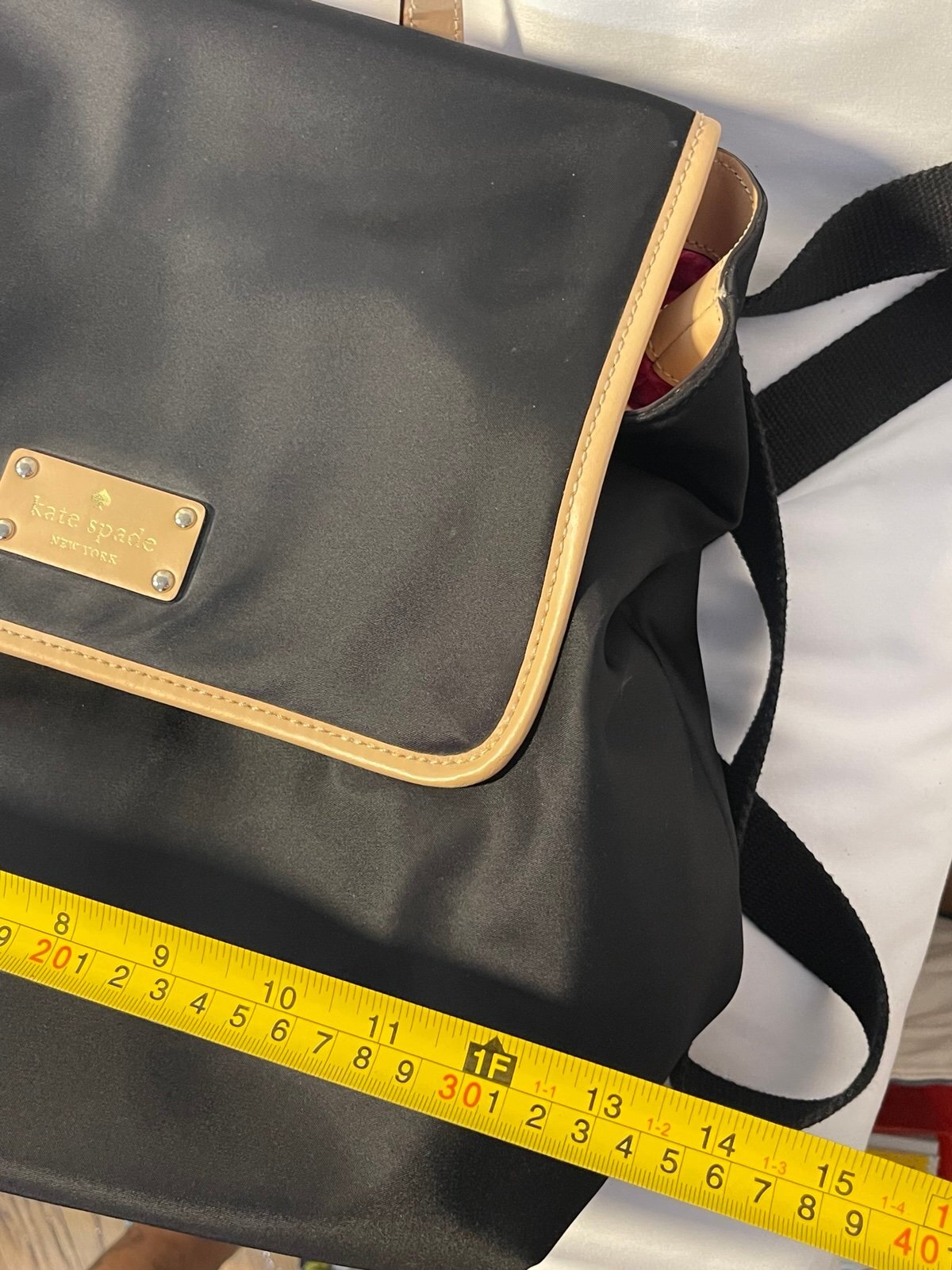 Kate Spade New York Black Nylon Backpack Tan Leather Trim Travel School Bag