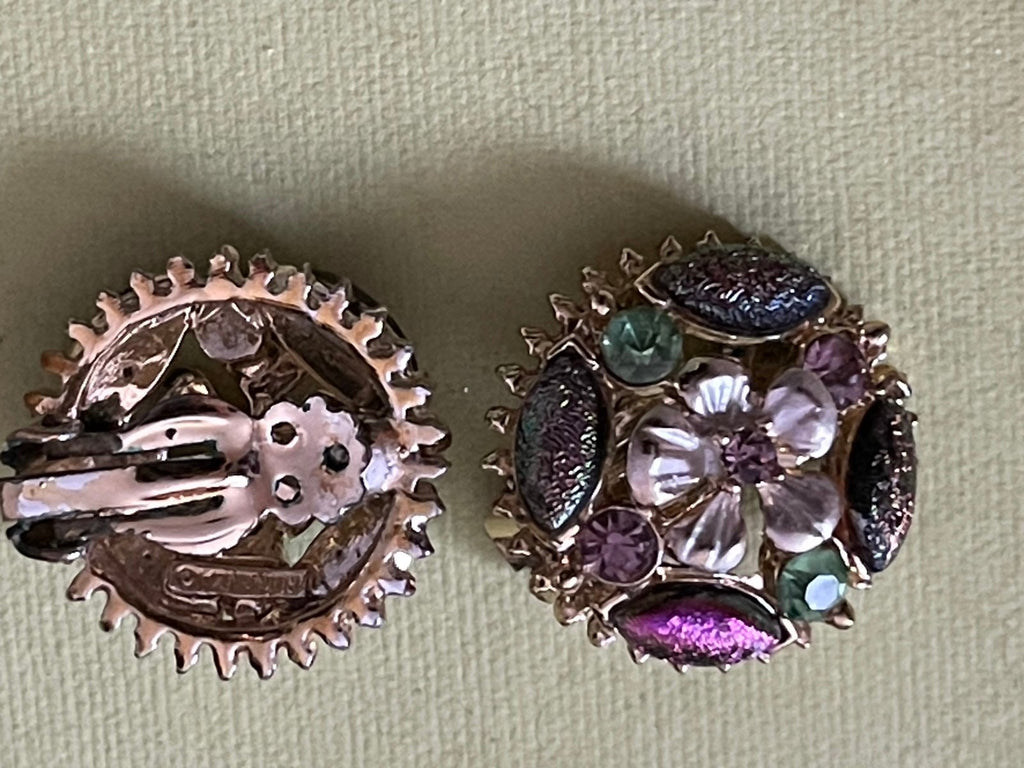 Vintage Florenza Iridescent Foiled Stone Leaf Brooch & Clip Earrings Set
