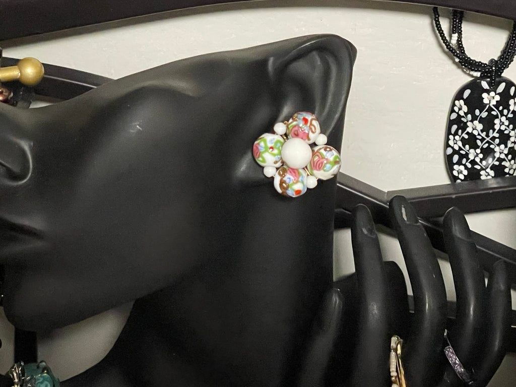 Vintage Hand-Blown Lampwork Italian Wedding Bead Cluster Clip-On Earrings