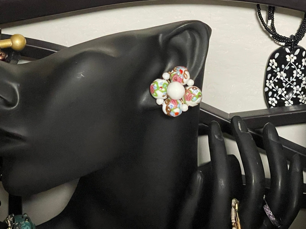 Vintage Hand-Blown Lampwork Italian Wedding Bead Cluster Clip-On Earrings