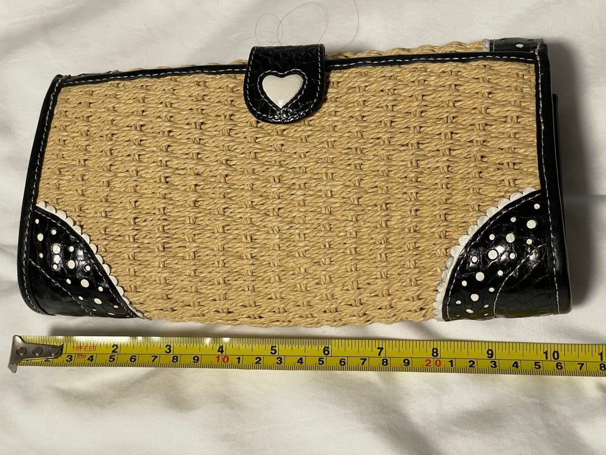 Brighton Straw Woven Heart Crossbody Clutch Bag Polka Dot Leather Trim w/ Box
