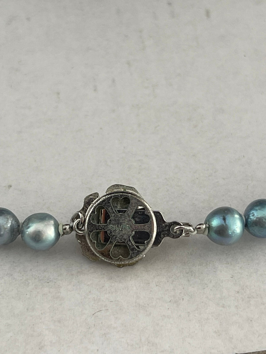 Vintage Light Blue Cultured Pearls with Sterling Silver Floral Clasp