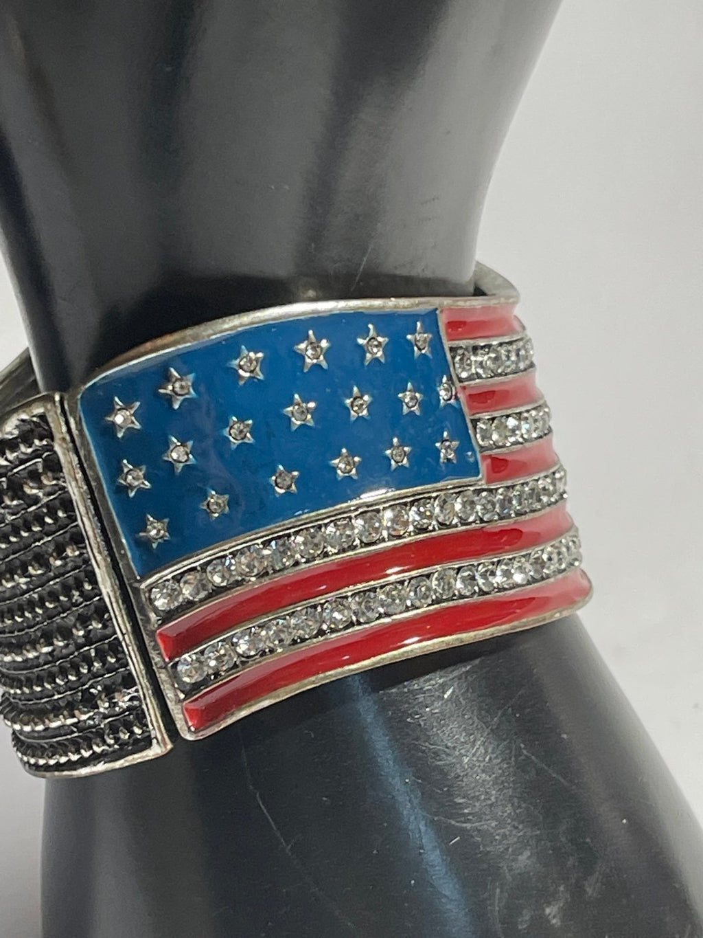 American Flag Gunmetal Tone Rhinestone & Enamel Hinge Cuff Bracelet