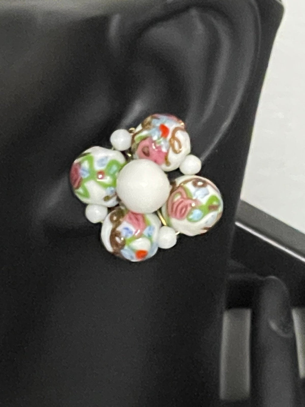 Vintage Hand-Blown Lampwork Italian Wedding Bead Cluster Clip-On Earrings